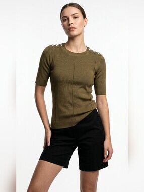 Carmen Marc V. Olive Short-Sleeve Ribbed Top w/Shoulder Silver Buttons -Top ONLY
